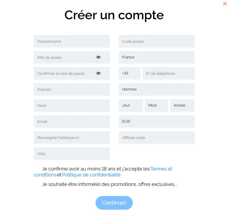 Processo di registrazione PLACEBETS CASINO